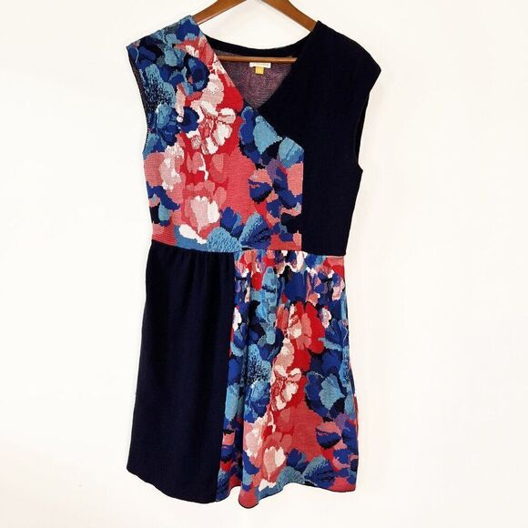 Anthropologie Leifsdottier Blue Floral Cap Sleeve Knit Sweater Dress - Picture 2 of 8